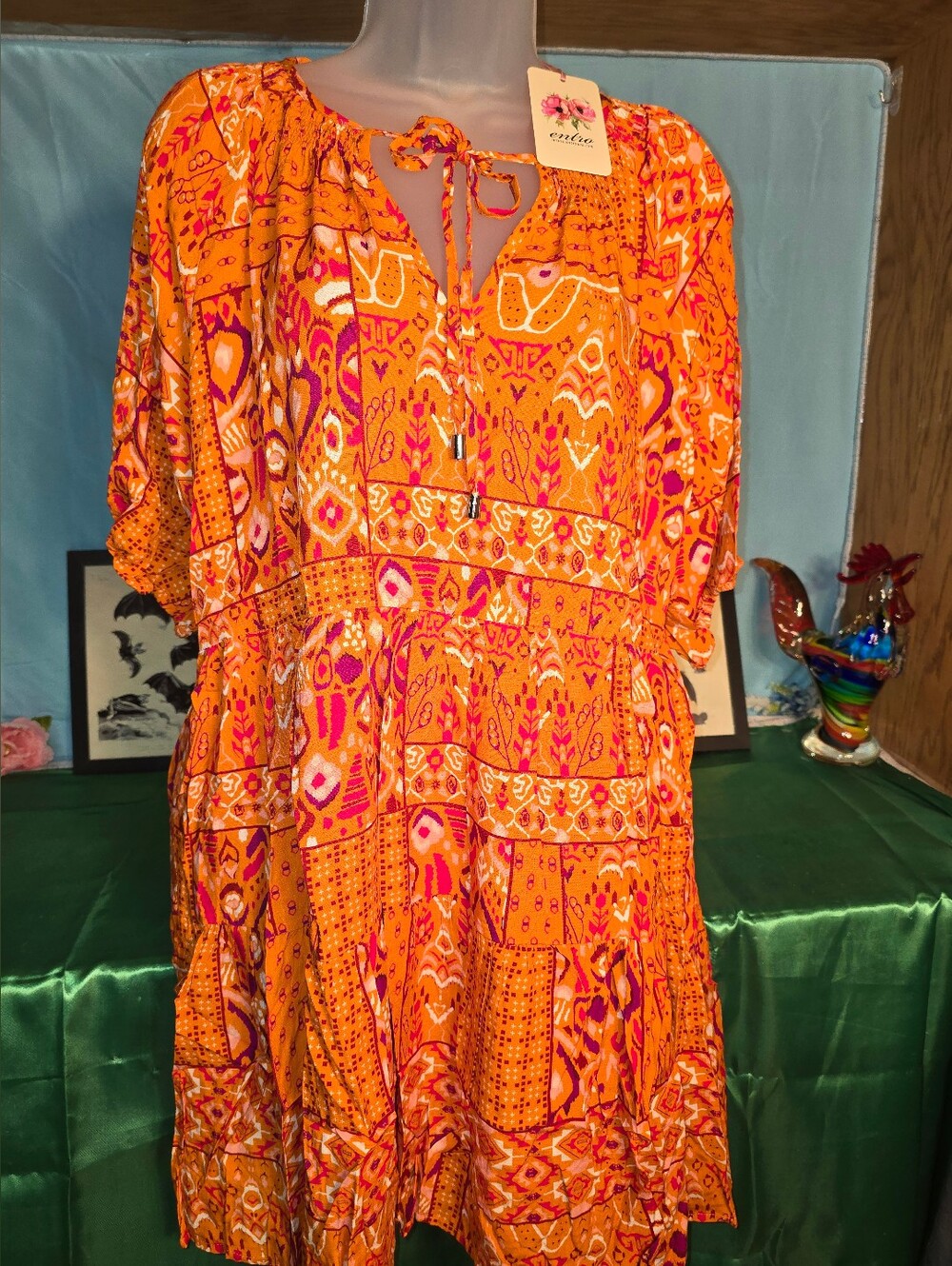 entro Bright Orange and Pink Tiered Tie-Neck Mini Dress